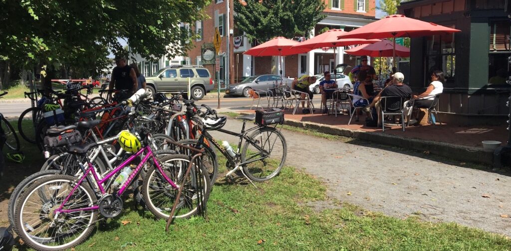 bicycles parked outside a cafe in a historic trail town